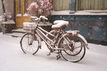 Fototapeta na wymiar snow-covered tandem bicycle waiting for riders, created with generative ai