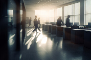 Business concept. Business people walking in corporate office. Motion blur image with copy space. Generative AI
