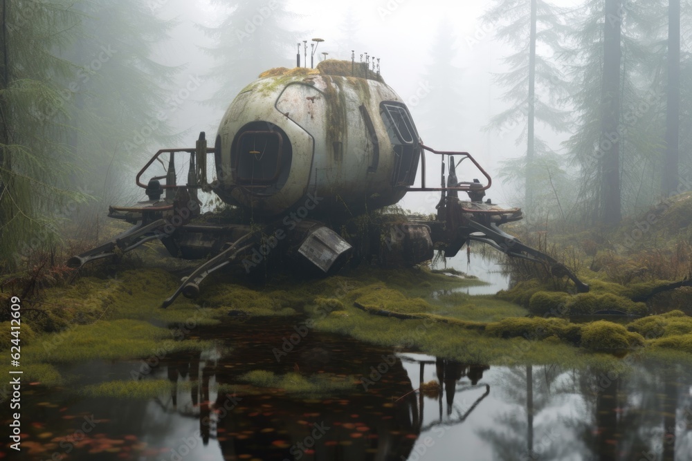 Sticker dilapidated spacecraft in a foggy swamp, created with generative ai