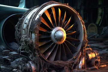 damaged airplane engine with visible internal parts, created with generative ai