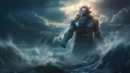 Obraz na płótnie Canvas Illustration about Poseidon, the god of the seas - AI generated image.