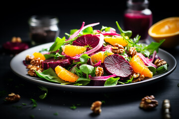 Beet and orange healthy salad with arugula, lamb lettuce, red onion, walnut and tangerine, gray kitchen table. Fresh useful vegan dish for healthy eating.ai generative