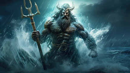 Illustration about Poseidon, the god of the seas - AI generated image.