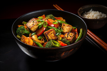 Homemade Stir Fry Tofu with Vegetables and Rice in black bowl.ai generative