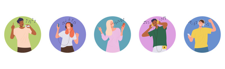 Isolated set of round composition with joyful young people cartoon character listening music