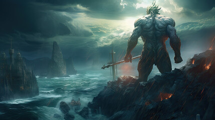 Illustration about Poseidon, the god of the seas - AI generated image.