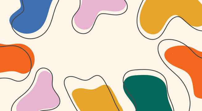 Abstract colorful organic shapes on beige background. Trendy horizontal template with copy space in childish doodle style. Design for social media, web, promotional banner, advertising and branding
