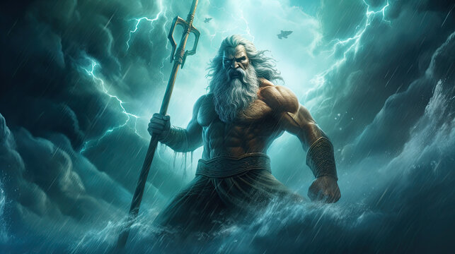 Illustration about Poseidon, the god of the seas - AI generated image.