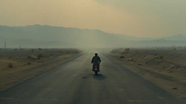 wide shot of a lonely isolated motorcycle rider generative ai