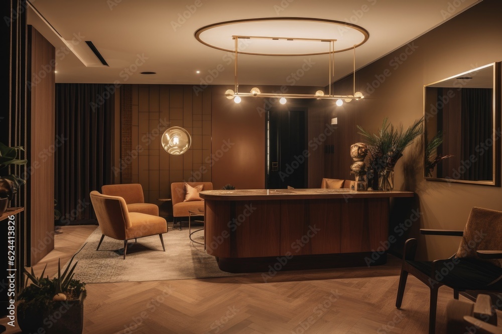 Sticker hotel reception with modern decor, sleek furniture, and warm lighting, created with generative ai