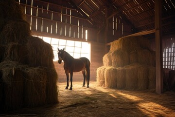 hay bale beside horse in a rustic barn setting, created with generative ai
