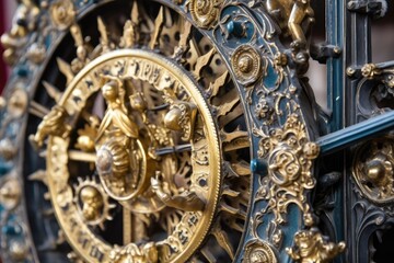 close-up of intricate astronomical clock gears, created with generative ai
