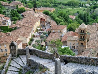 
View of historic Moustiers-Sainte Marie, village in Provence near Gorge du Verdon with steps up to...