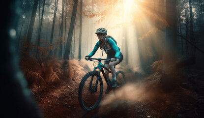 forest woman bicycle walking bike wood summer sport cycling sunset dark. Generative AI.