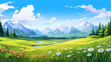 Hand drawn cartoon beautiful outdoor meadow forest and mountains scenery illustration
