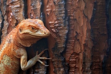 lizard shedding skin on textured bark, created with generative ai