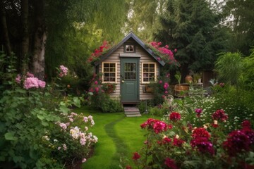 Fototapeta na wymiar tiny house nestled among blooming flowers and greenery, created with generative ai