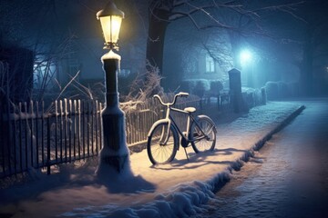 Obraz premium frosty bike locked to a snowy lamppost in the night, created with generative ai