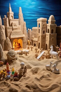 beach scene with holiday-themed sand sculptures and decorations, created with generative ai