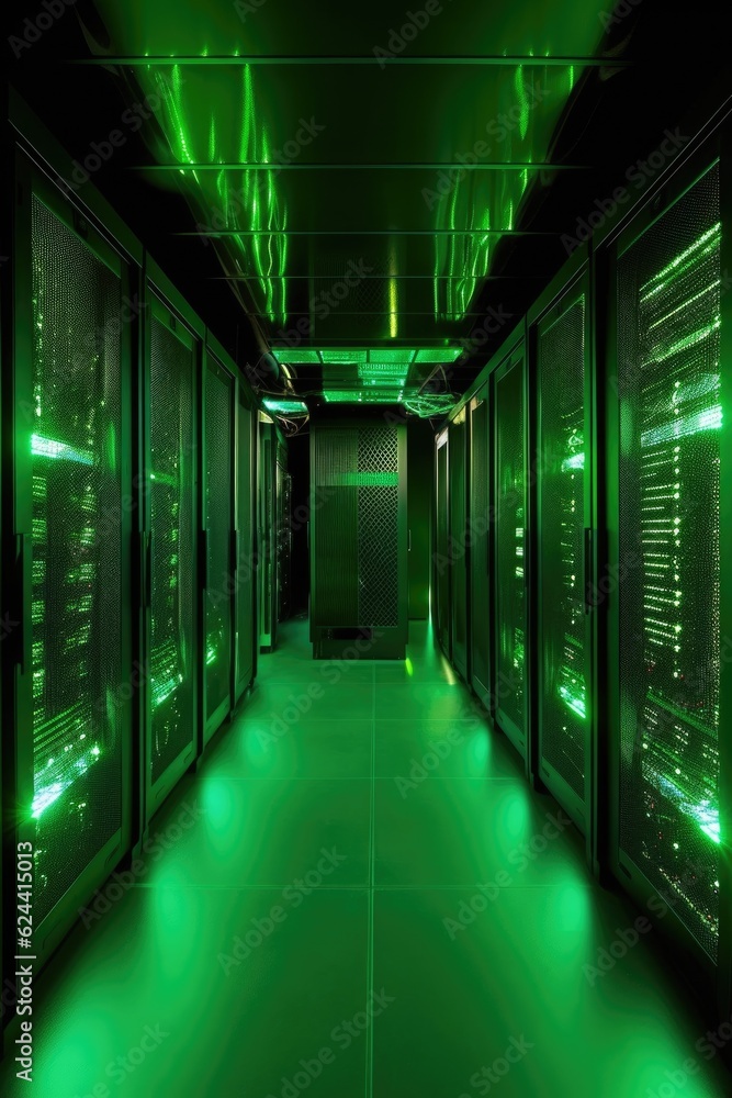 Wall mural server room with illuminated racks, created with generative ai