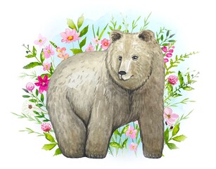 Bear with meadow pink flowers and leaves, watercolor