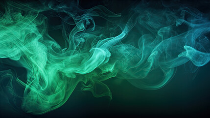 Abstract backdrop Cloud of green and blue smoke on a black isolated background