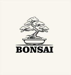 bonsai plant minimalist design, black and white logotype