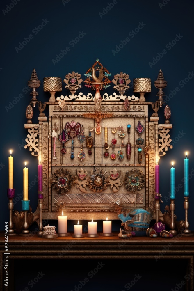 Sticker hanukkah menorah with lit candles and traditional symbols, created with generative ai