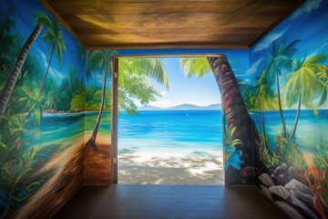 a colorful mural of a tropical beach, with palm trees and crystal-clear waters, created with generative ai