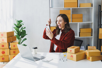 Overjoyed young businesswoman with smartphone expressing excitement rejoicing in home office, Excited business woman feel euphoric reading good news online message.