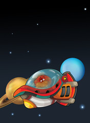 Cartoon funny colorful scene of cosmos galactic alien ufo space craft ship isolated illustration for children