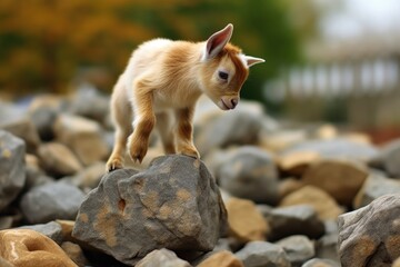 Fototapeta premium playful baby goat hopping on small stones, created with generative ai