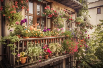 a vibrant window garden overflowing with blooms, complemented by a wooden balcony railing, created with generative ai