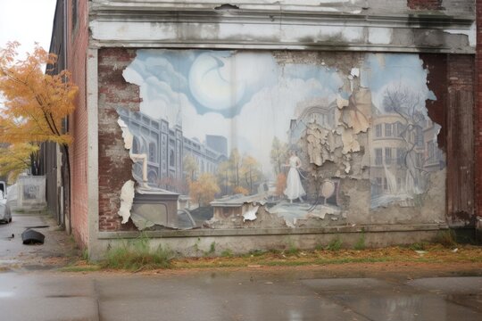 torn reference photo of old mural beside restoration site, created with generative ai