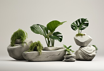 Stone or rock with tropical plant in minimalist architecture design.generative ai technology