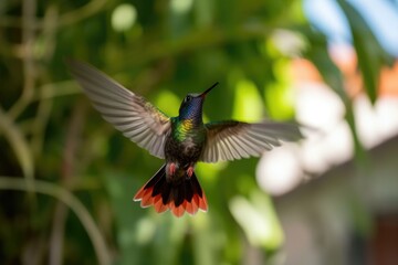 Fototapeta premium hummingbird taking its first flight, with wings fluttering and wind in its feathers, created with generative ai