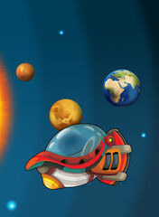 Cartoon funny colorful scene of cosmos galactic alien ufo space craft ship isolated illustration for children
