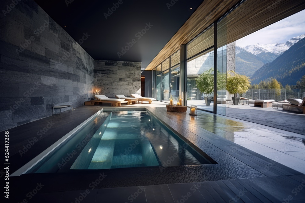 Wall mural relaxation pool at modern health spa with view to mountains, created using generative ai technology