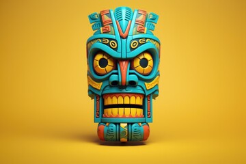 Colourful tiki mask on yellow background, created using generative ai technology