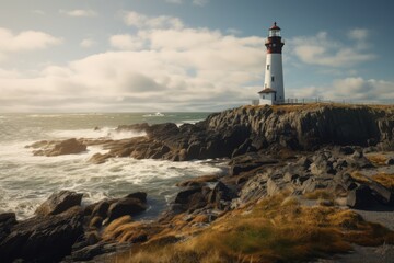 Fototapeta na wymiar Lighthouse on rock and calm seas, created using generative ai technology