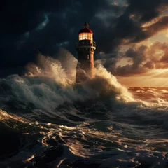 Tuinposter Lighthouse and stormy seas at night, created using generative ai technology © Future Vision