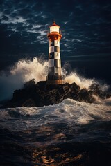 Obraz premium Lighthouse and stormy seas at night, created using generative ai technology