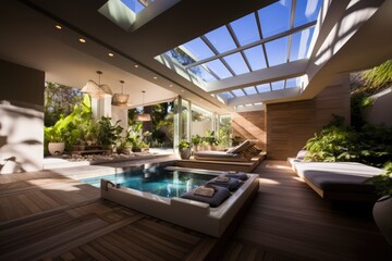 Sunny relaxation pool room at health spa with glass ceiling, created using generative ai technology