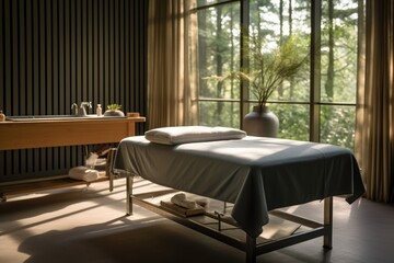 Massage couch in therapy room with garden view at health spa, created using generative ai technology