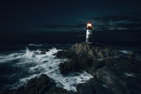Lighthouse on rock and stormy seas at night, created using generative ai technology