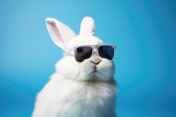 Rabbit wearing sunglasses on blue background, created using generative ai technology