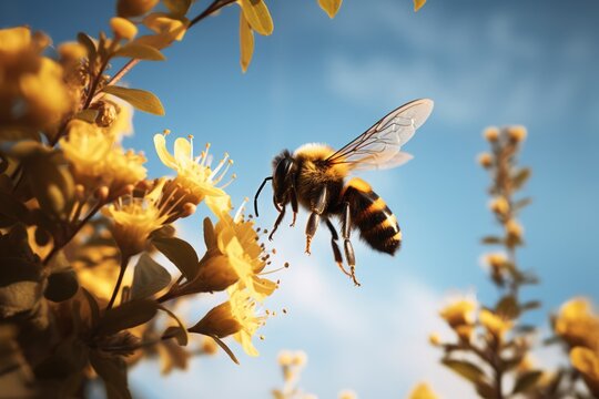 Close up of bee hovering by yellow flowers in sun, created using generative ai technology