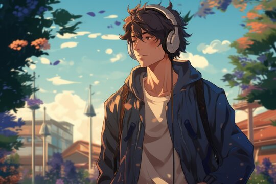 Lofi anime boy wearing headphones in city, created using generative ai technology