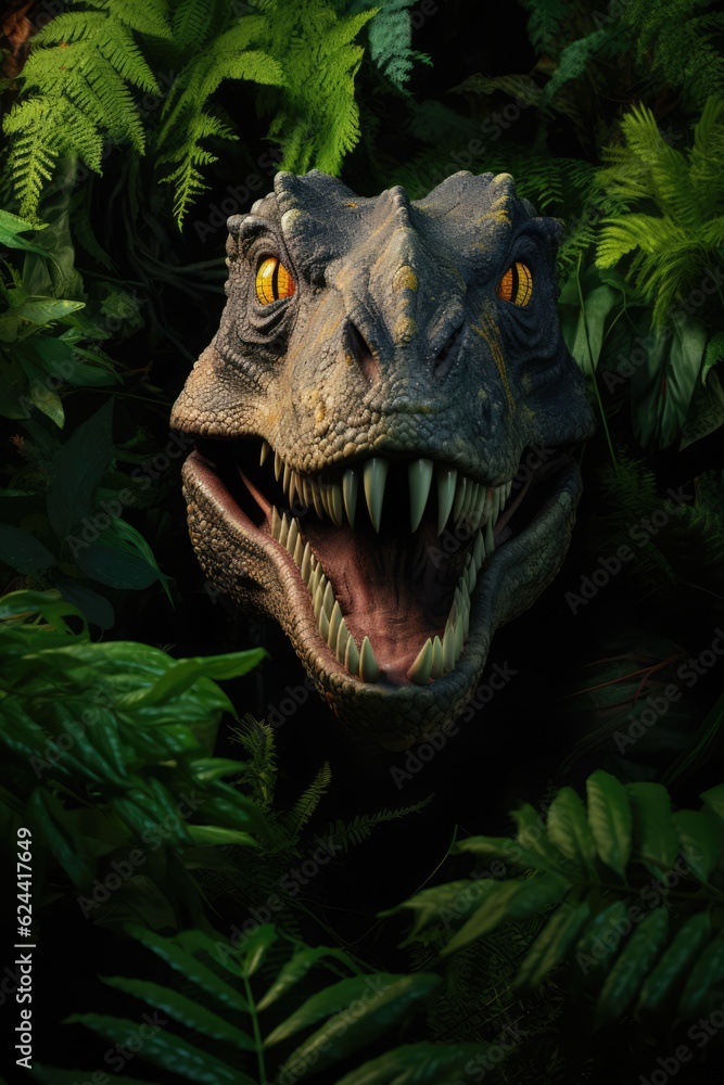 Wall mural headshot of dinosaur with plants in forest, created using generative ai technology