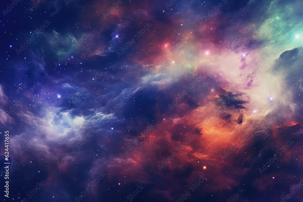 Wall mural nebula with stars and multicoloured clouds background, created using generative ai technology